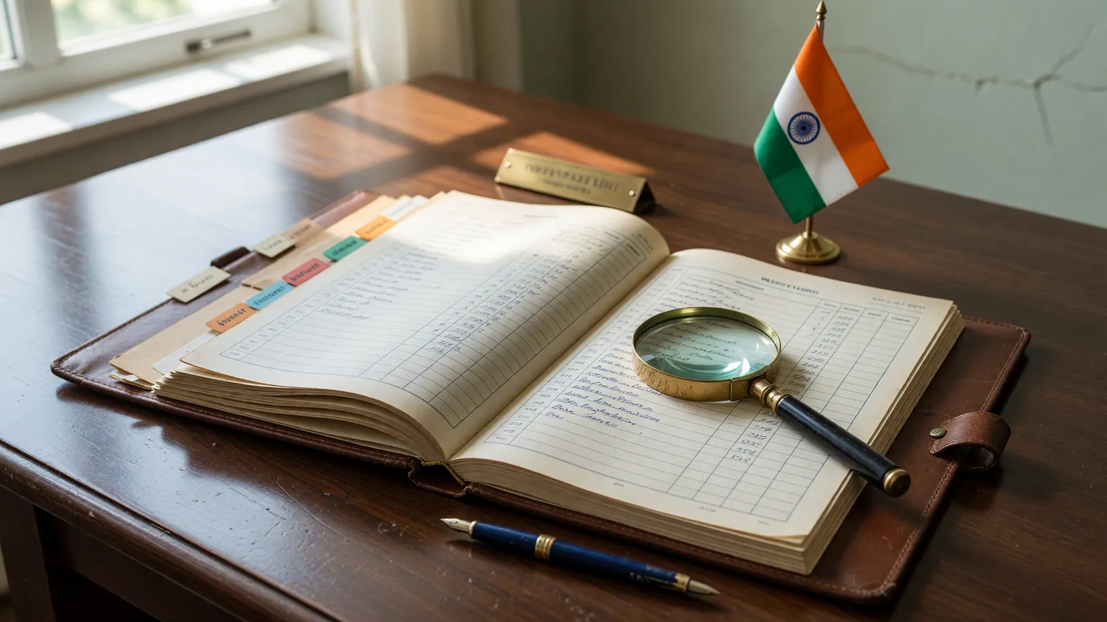 A corporate registrar desk with a leather-bound company ledger