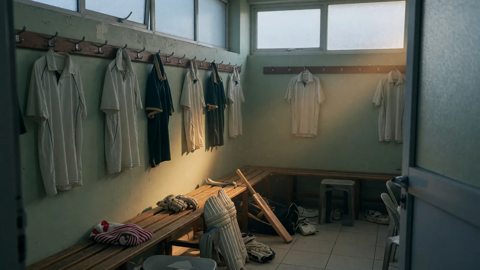 Cricket trophy lifted in a stadium dressing room