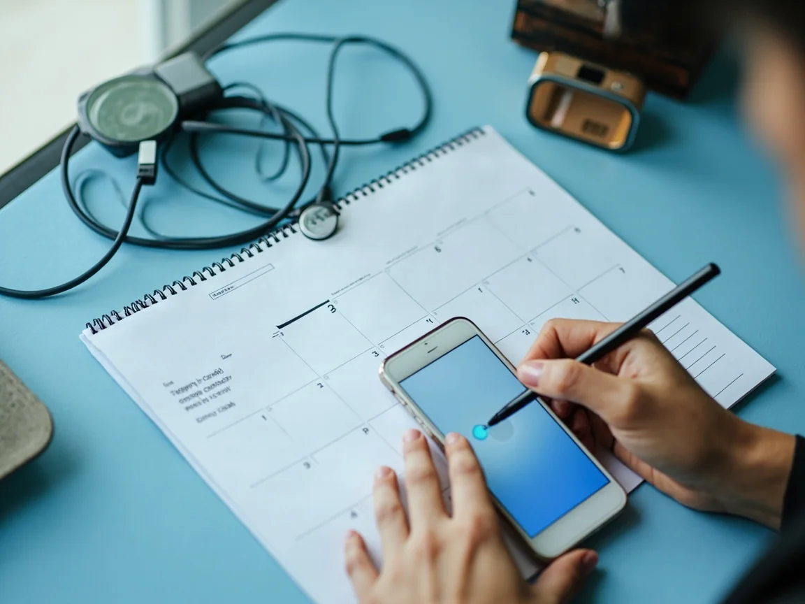 Phone face down beside a desk calendar